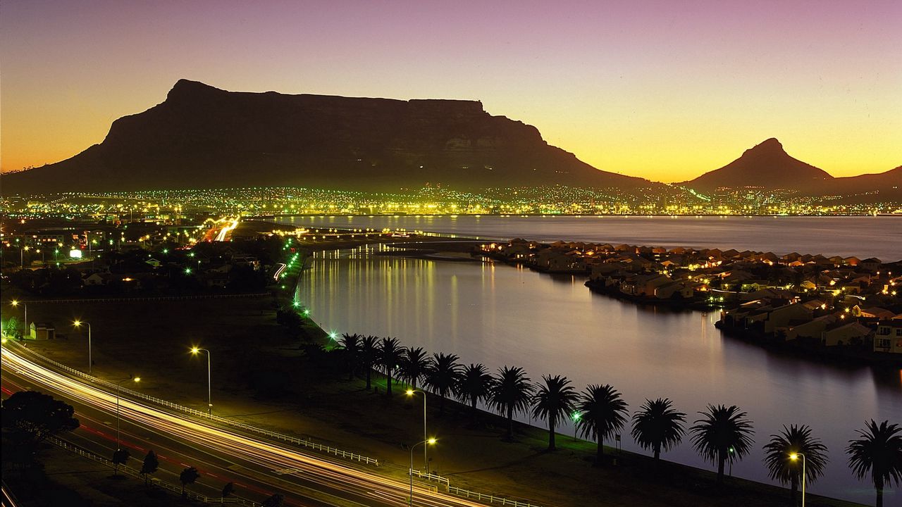 Wallpaper cape town, south africa, night lights, palm trees, beach