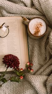 Preview wallpaper cappuccino, coffee, mug, book, flowers, glasses