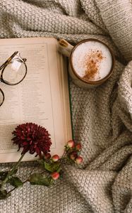 Preview wallpaper cappuccino, coffee, mug, book, flowers, glasses