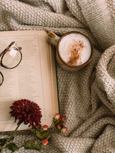 Preview wallpaper cappuccino, coffee, mug, book, flowers, glasses