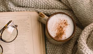 Preview wallpaper cappuccino, coffee, mug, book, flowers, glasses