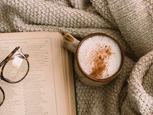 Preview wallpaper cappuccino, coffee, mug, book, flowers, glasses