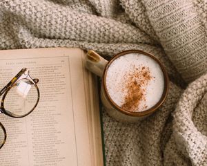 Preview wallpaper cappuccino, coffee, mug, book, flowers, glasses