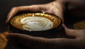 Preview wallpaper cappuccino, coffee, mug, hands, glitter