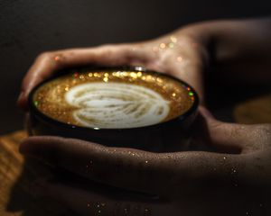 Preview wallpaper cappuccino, coffee, mug, hands, glitter