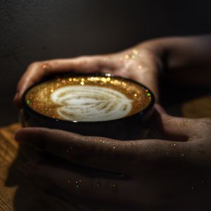 Preview wallpaper cappuccino, coffee, mug, hands, glitter
