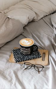 Preview wallpaper cappuccino, cup, glasses, book, bed