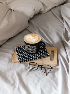 Preview wallpaper cappuccino, cup, glasses, book, bed