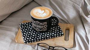 Preview wallpaper cappuccino, cup, glasses, book, bed