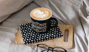 Preview wallpaper cappuccino, cup, glasses, book, bed