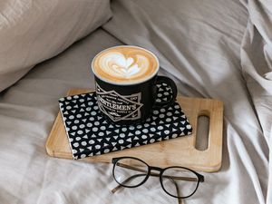 Preview wallpaper cappuccino, cup, glasses, book, bed