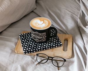 Preview wallpaper cappuccino, cup, glasses, book, bed