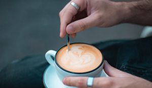 Preview wallpaper cappuccino, cup, hands, drink, ring