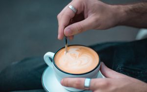 Preview wallpaper cappuccino, cup, hands, drink, ring