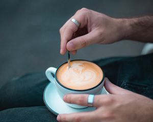 Preview wallpaper cappuccino, cup, hands, drink, ring