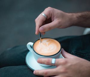 Preview wallpaper cappuccino, cup, hands, drink, ring