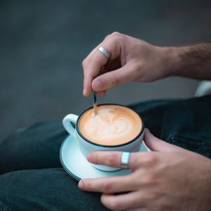 Preview wallpaper cappuccino, cup, hands, drink, ring