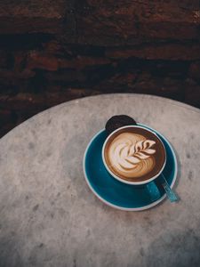 Preview wallpaper cappuccino, drink, cookies, cup, pattern, plate