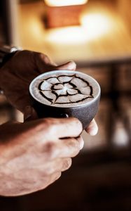 Preview wallpaper cappuccino, drink, cup, pattern, hands