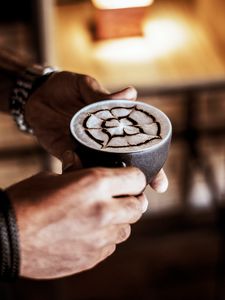 Preview wallpaper cappuccino, drink, cup, pattern, hands