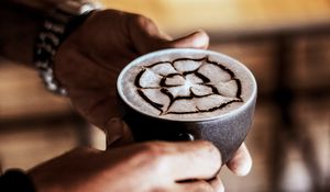 Preview wallpaper cappuccino, drink, cup, pattern, hands