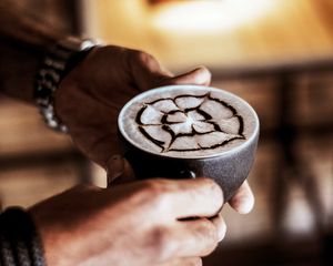 Preview wallpaper cappuccino, drink, cup, pattern, hands