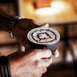 Preview wallpaper cappuccino, drink, cup, pattern, hands