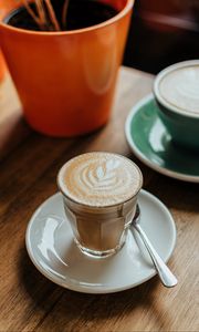 Preview wallpaper cappuccino, drink, glass, table, wooden