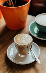 Preview wallpaper cappuccino, drink, glass, table, wooden