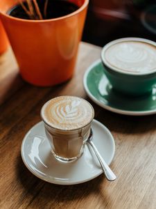 Preview wallpaper cappuccino, drink, glass, table, wooden