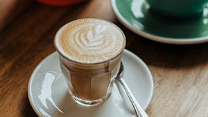 Preview wallpaper cappuccino, drink, glass, table, wooden