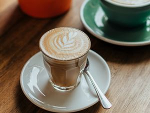 Preview wallpaper cappuccino, drink, glass, table, wooden