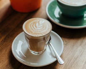 Preview wallpaper cappuccino, drink, glass, table, wooden