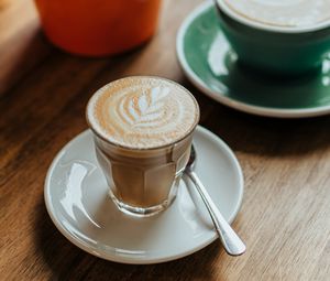 Preview wallpaper cappuccino, drink, glass, table, wooden