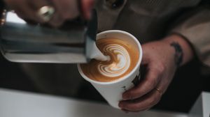 Preview wallpaper cappuccino, drink, glass, hand, barista