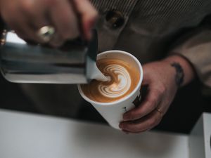 Preview wallpaper cappuccino, drink, glass, hand, barista