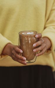 Preview wallpaper cappuccino, drink, glass, hands, girl