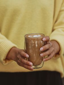 Preview wallpaper cappuccino, drink, glass, hands, girl