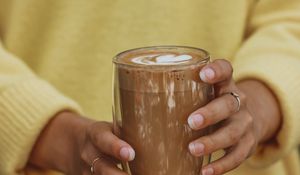 Preview wallpaper cappuccino, drink, glass, hands, girl