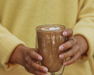 Preview wallpaper cappuccino, drink, glass, hands, girl