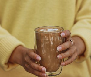 Preview wallpaper cappuccino, drink, glass, hands, girl