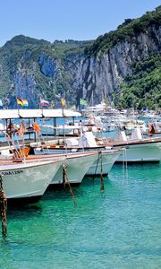 Preview wallpaper capri, italy, island, sea, boats, coast, rock, house