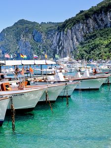 Preview wallpaper capri, italy, island, sea, boats, coast, rock, house