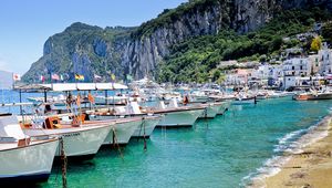 Preview wallpaper capri, italy, island, sea, boats, coast, rock, house