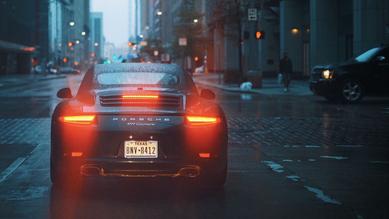 Wallpaper car, back view, street, evening