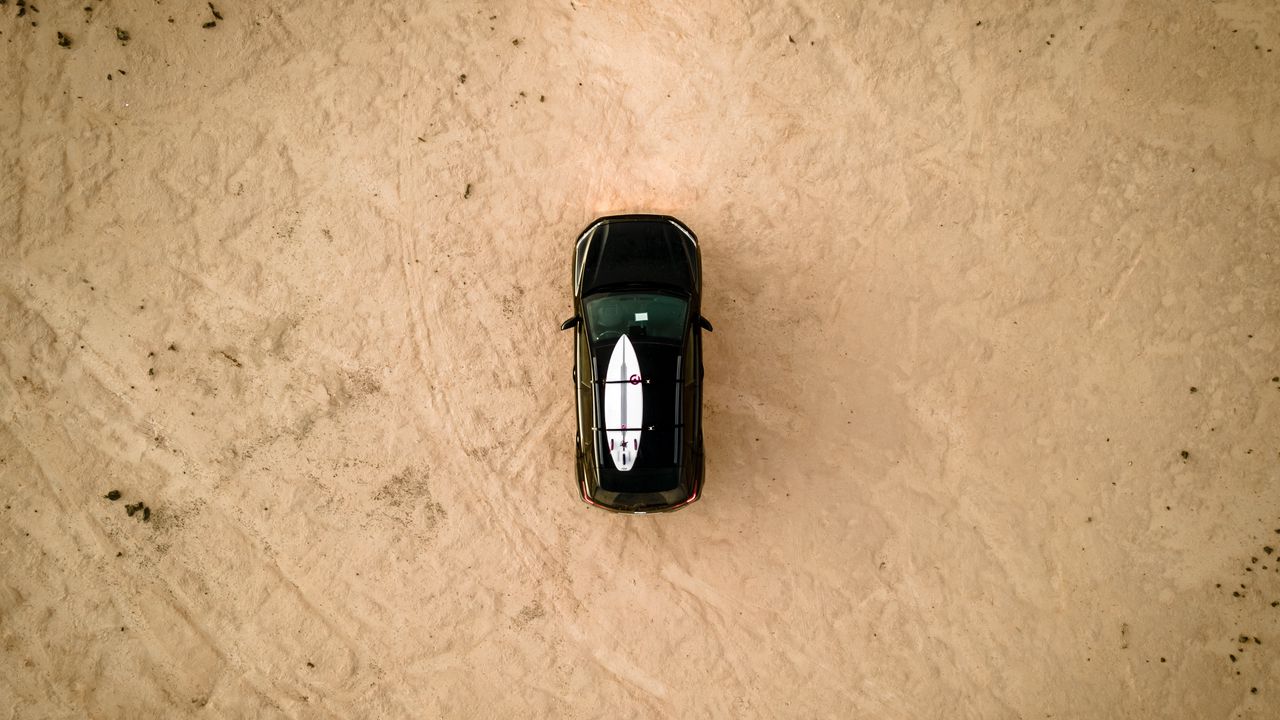 Wallpaper car, beach, aerial view, surfboard, black