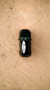 Preview wallpaper car, beach, aerial view, surfboard, black