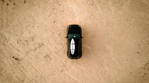 Preview wallpaper car, beach, aerial view, surfboard, black