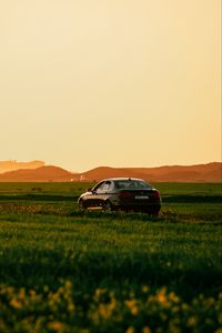 Preview wallpaper car, black, field, sunset