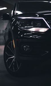 Preview wallpaper car, black, front view, headlights